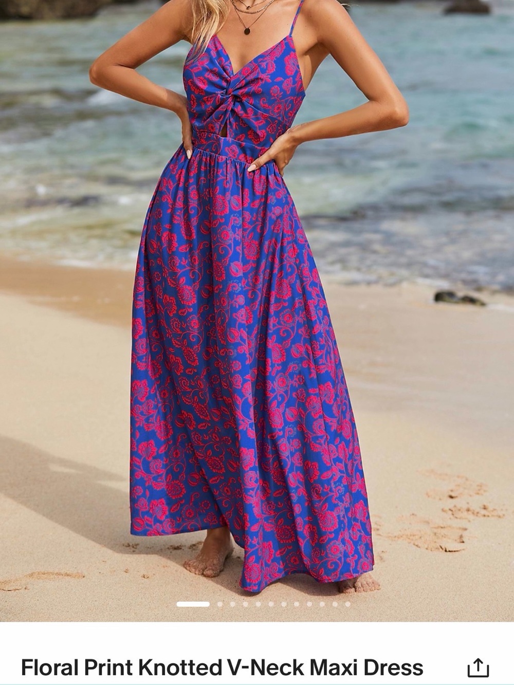Cupshe Blue and Pink Floral Print Knotted V-Neck Maxi Dress